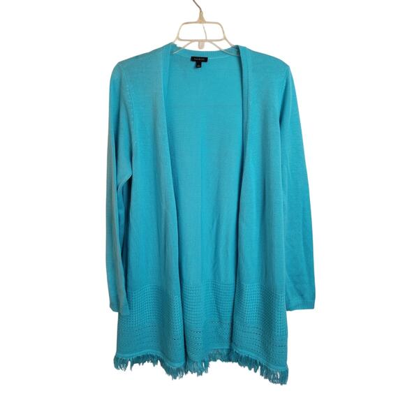 Talbots Light Blue Open Front Knit Fringe Cardigan Sweater Women's Size Large - Picture 1 of 9